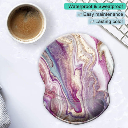 Ergonomic Mouse Pad with Gel Wrist Support Small Wrist Rest Smooth Surface Non-Slip PU Base Comfortable Office Supplies Pain Relief, 8.7 X 7.2 Inches, Purple Modern Marbling Art