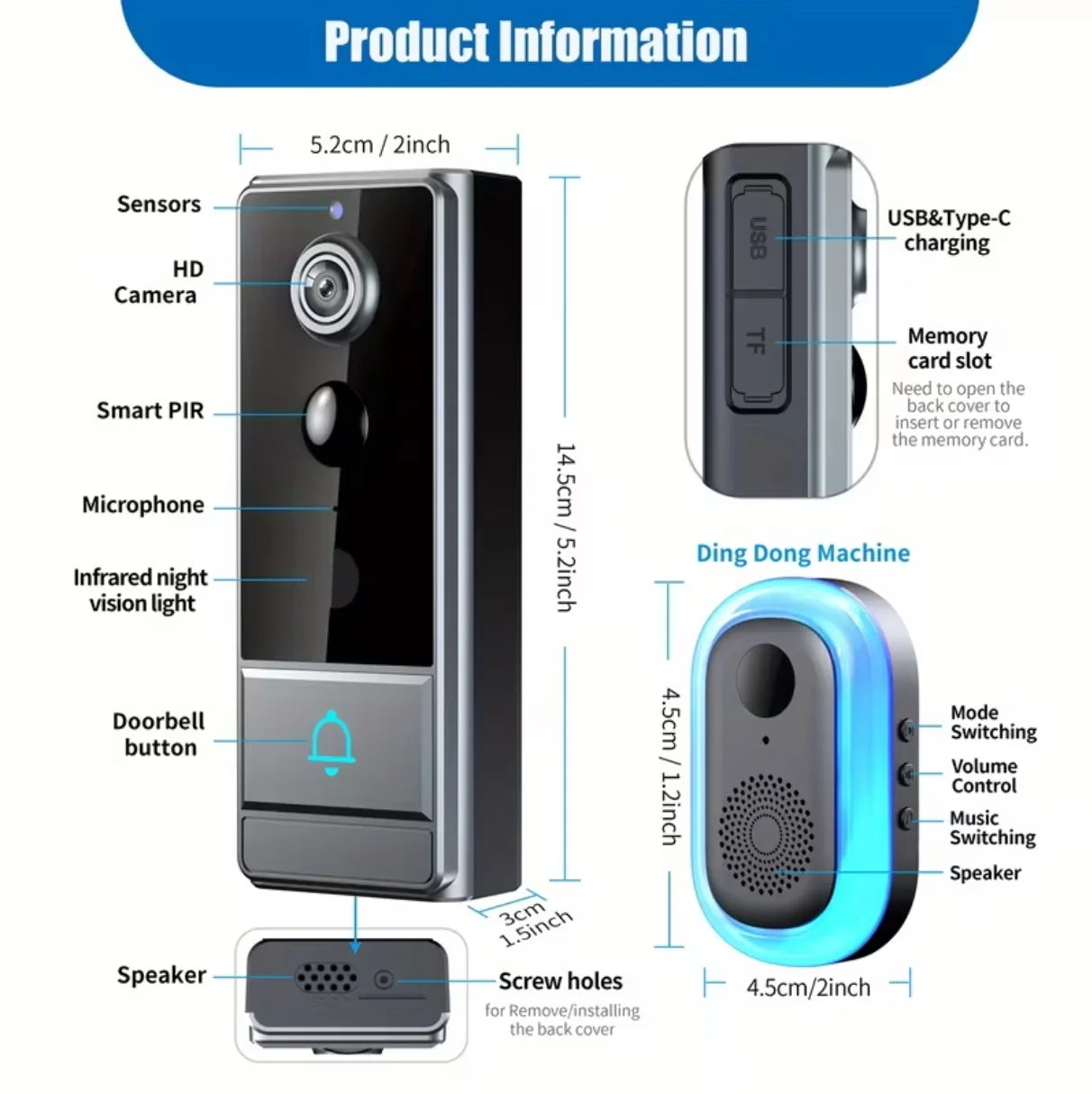Wireless Smart Video Doorbell, 960P HD Video Doorbell Camera, Home Security Wifi Doorbell Camera, PIR Motion Doorbell
