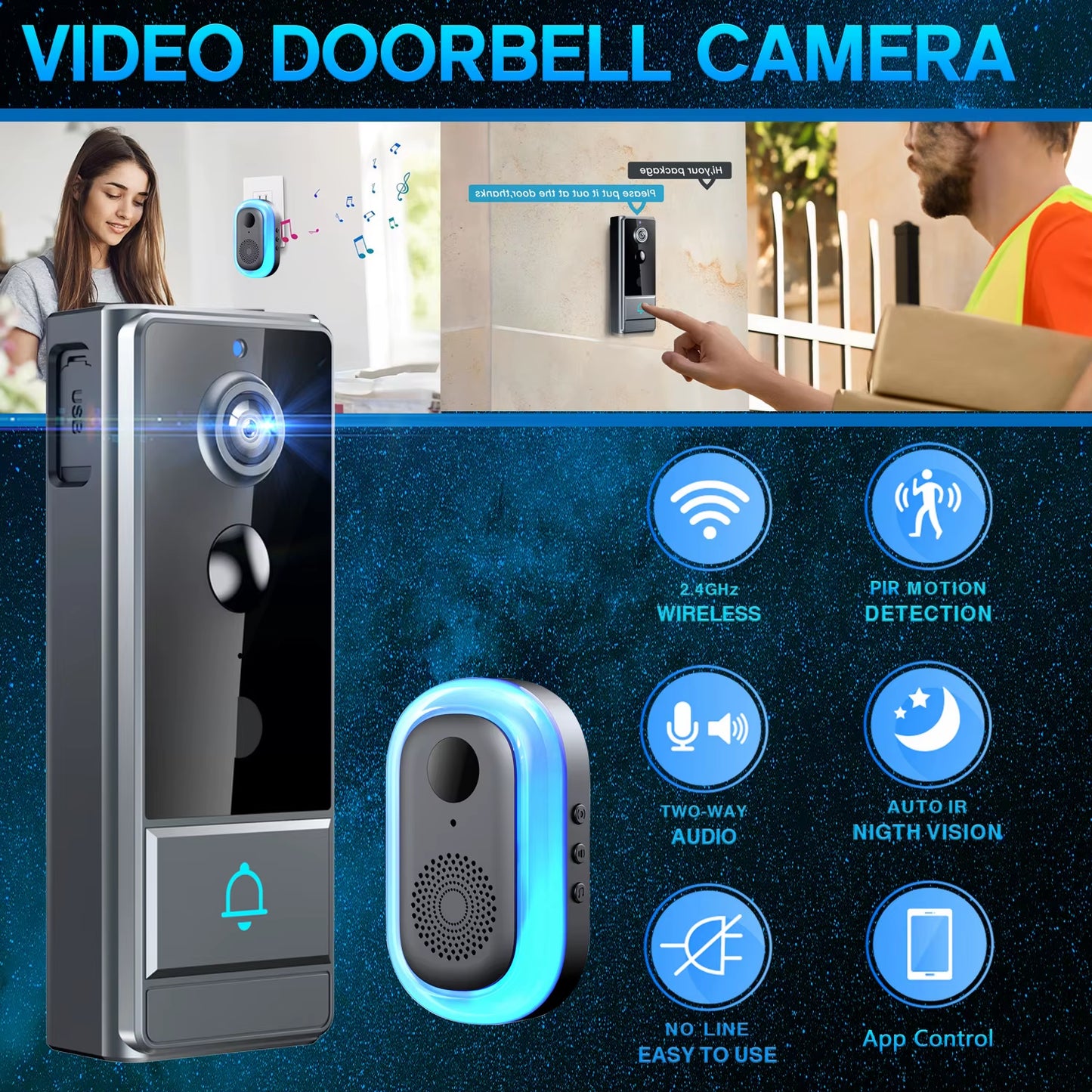 Wireless Smart Video Doorbell, 960P HD Video Doorbell Camera, Home Security Wifi Doorbell Camera, PIR Motion Doorbell